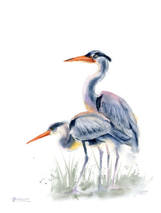 Two Herons  -  Original Watercolor Painting