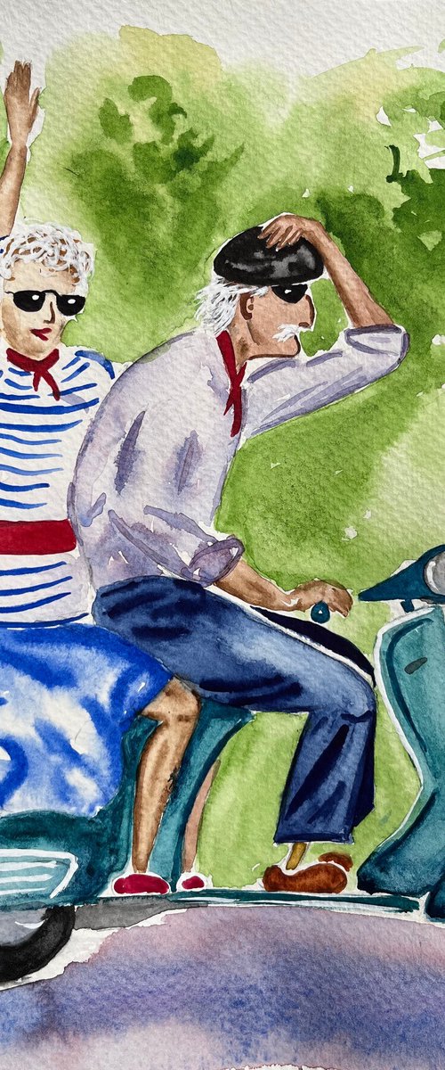 Motorcycle Painting Couple Original Art Motorbike Trip Watercolor Love Story Artwork Small Home Office Wall Art 9 by 12.5" by Halyna Kirichenko by Halyna Kirichenko