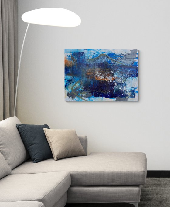 ''The Reflections'' - blue abstract art, acrylic painting, medium size painting.