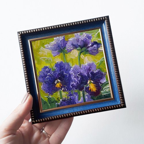 Panse flowers oil painting original, Purple flower small painting framed by Nataly Derevyanko