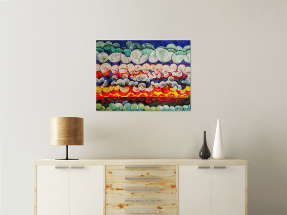 Unique sunset (60x80cm, cubism, oil painting, ready to hang)