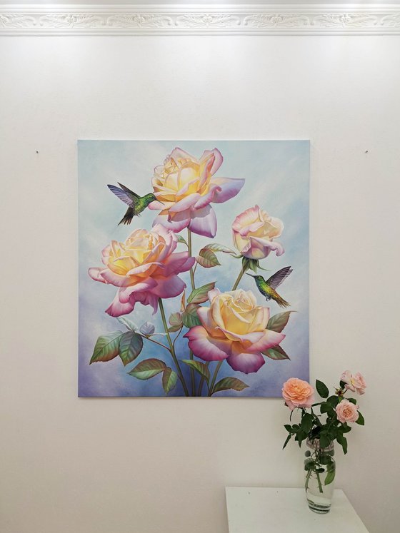 "Date among roses", floral painting with birds