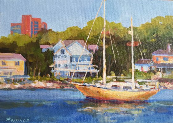 Miniature with yellow yacht (5x7x0.1")