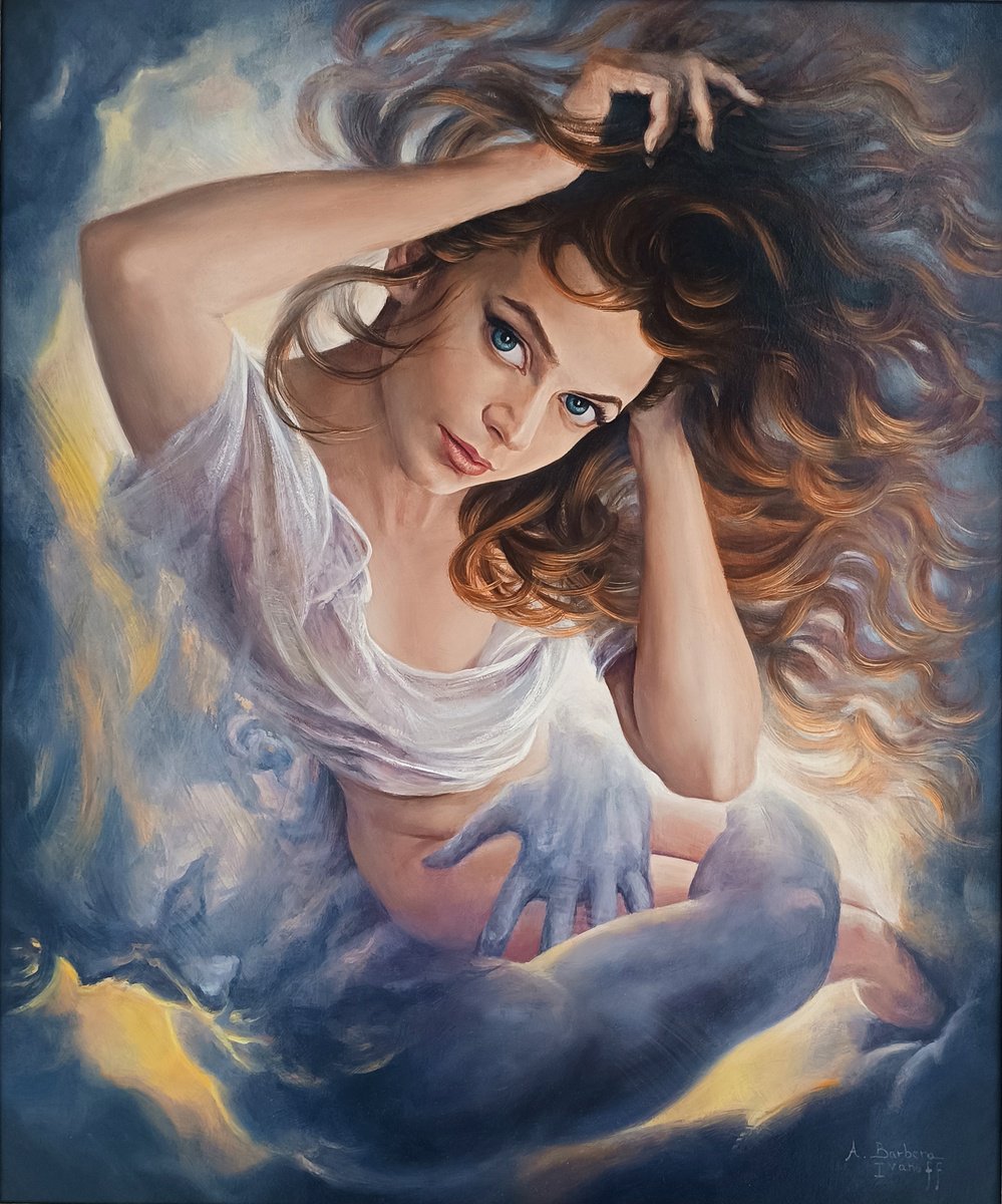 Expressive Portrait Oil Painting By Alexandre Barbera-Ivanoff, 26 X 30, Blues Aspiration, Original Artwork