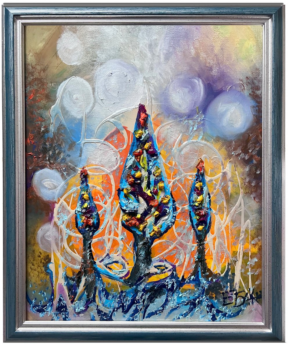 Abstract Botanical Oil Painting By Eleonora Bakalova, 15 X 19, Magic Forest, Original Artwork