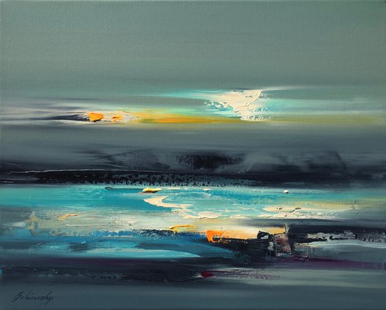 One more gray day - 40 x 50 cm, abstract landscape oil painting, gray, turquoise, orange