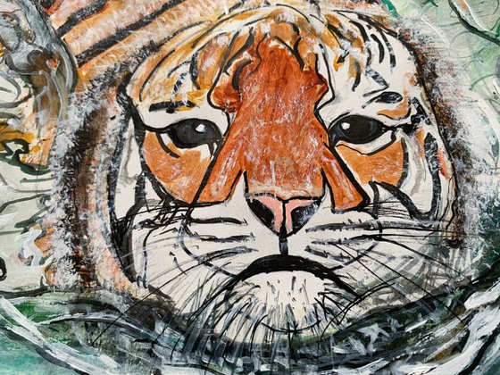 Underwater  Wild Animals Painting for Home Decor, Tiger Portrait Art Decor, Artfinder Gift Ideas