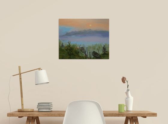 Sunset at the River - Original Oil Painting Impressionism Gift Idea of Countryside Twilight Wooden Boat Stillness Peace