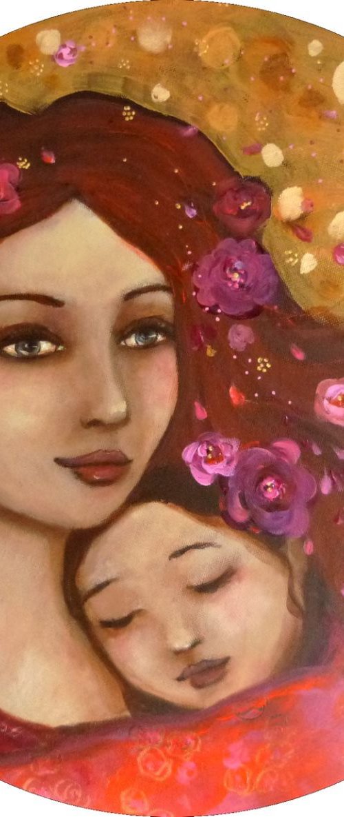 "Tendre mère-veilleuse  " acrylic  on round canvas 40cm by Loetitia Pillault