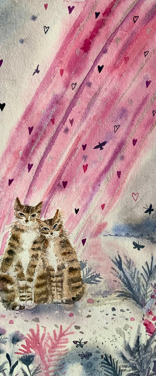 Cats in a pink rainbow by Mary Stubberfield