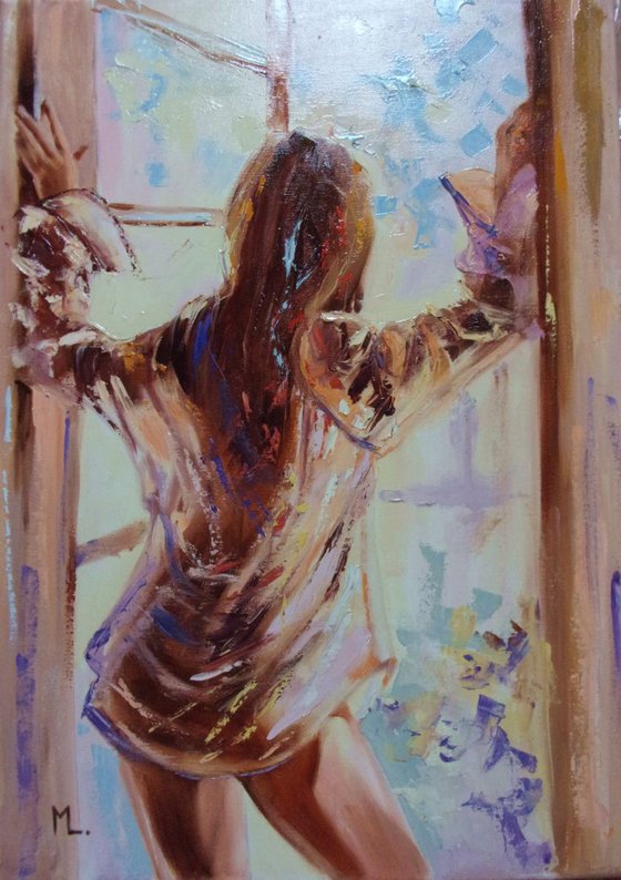 RESERVED " A WINDOW ... "-   liGHt  ORIGINAL OIL PAINTING, GIFT, PALETTE KNIFE