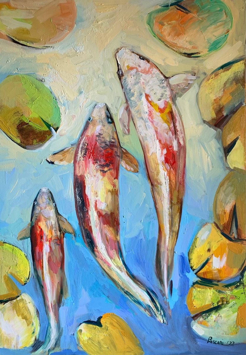 Impressionistic Botanical Oil Painting By Olga Pascari, 28 X 39", Koifish, Original Artwork