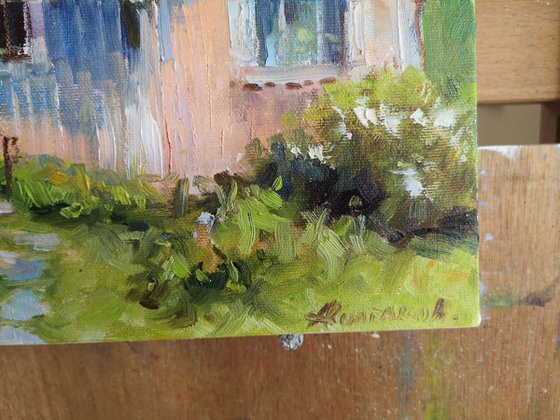 Red roof house, plein air, original, one of a kind, oil on wide edges canvas impressionistic style painting (10x12x2'')
