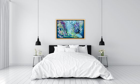 Abstract Landscape Large Flowers Painting. Tropical Floral Blue Teal Green Painting on Canvas. Modern Impressionism Art Pink Orchid White Purple Flowers Floral Garden Botanical Impressionism.