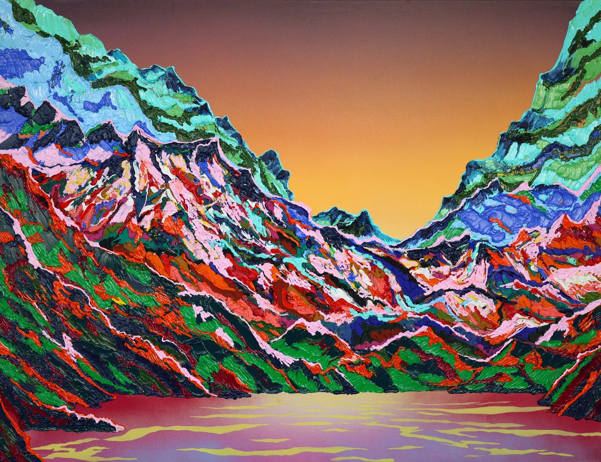 Expressive Landscape Acrylic Painting By Dominic Virtosu, 51 X 39, Giants Over The Lake, Original Artwork