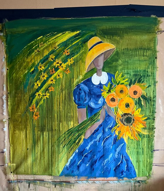 Woman with Sunflowers Painting