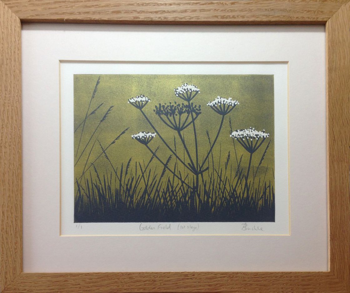 Golden Field stage print, framed Linocut by Alexandra Buckle | Artfinder