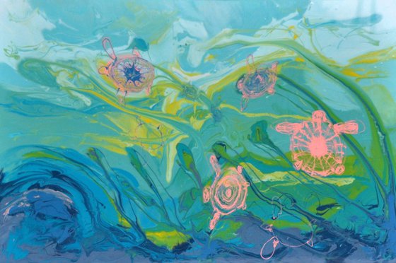 WANDERING TURTLES 2   150x100 resin painting