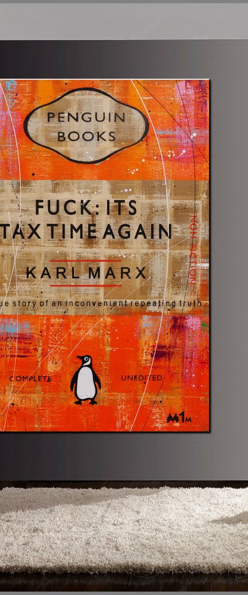 Fuck It's Tax Time 140cm x 100cm Orange Book Page Urban Pop Art by Franko
