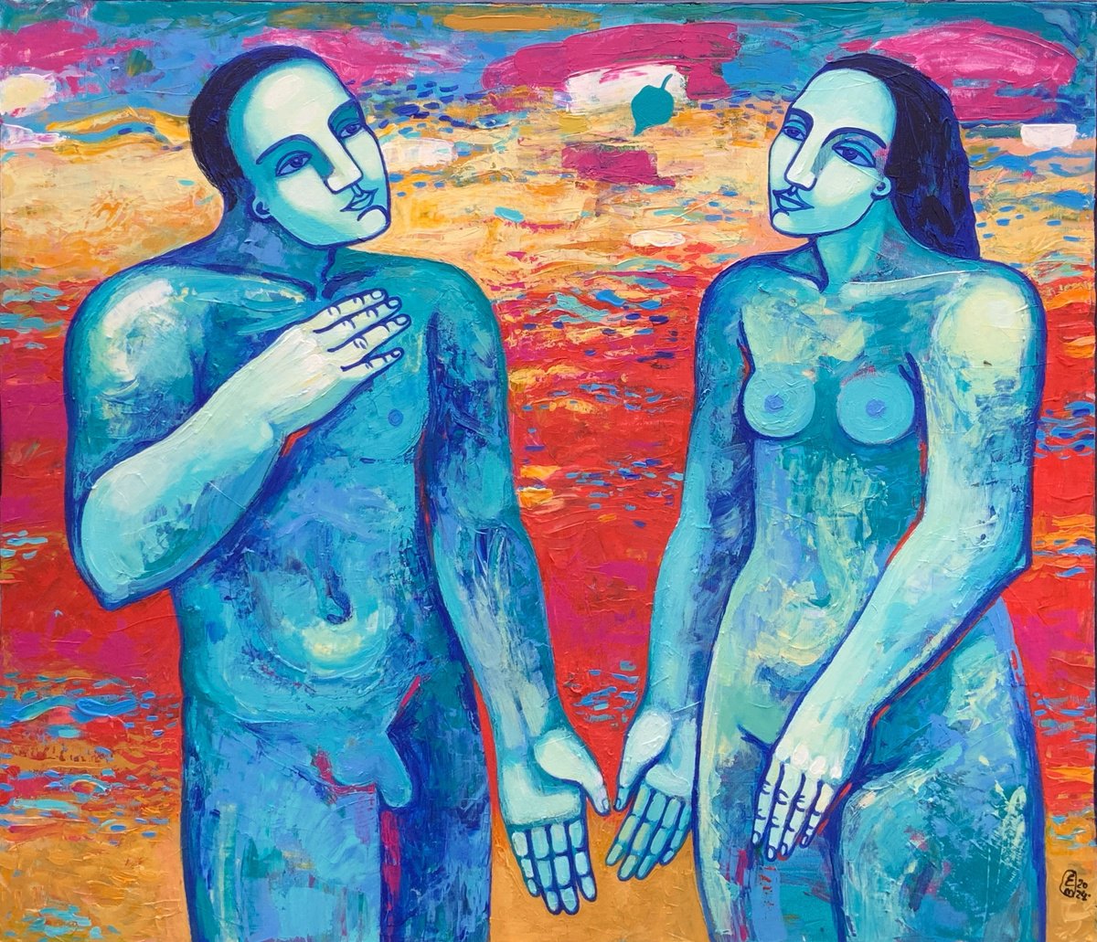 Naive Portrait Acrylic Painting By Elena Tomilova, 31 X 28, Gravity, Original Artwork