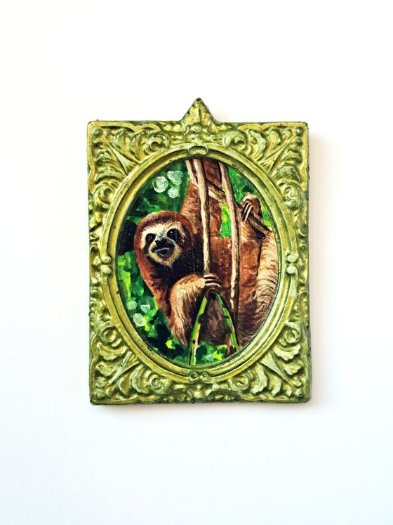 Three-toed sloth, part of framed animal miniature series "festum animalium"