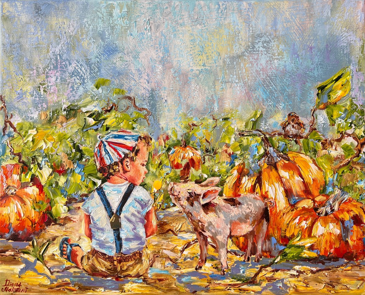 Impressionistic Animal Oil Painting By Diana Malivani, 20 X 16, Pumpkins, Original Artwork