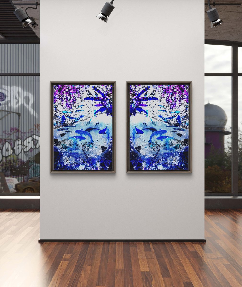 Abstract Animal Giclee Print By Yuliia Sharapova, 34 X 22", Set Of 2 Blue Koi Fishes, Original Artwork