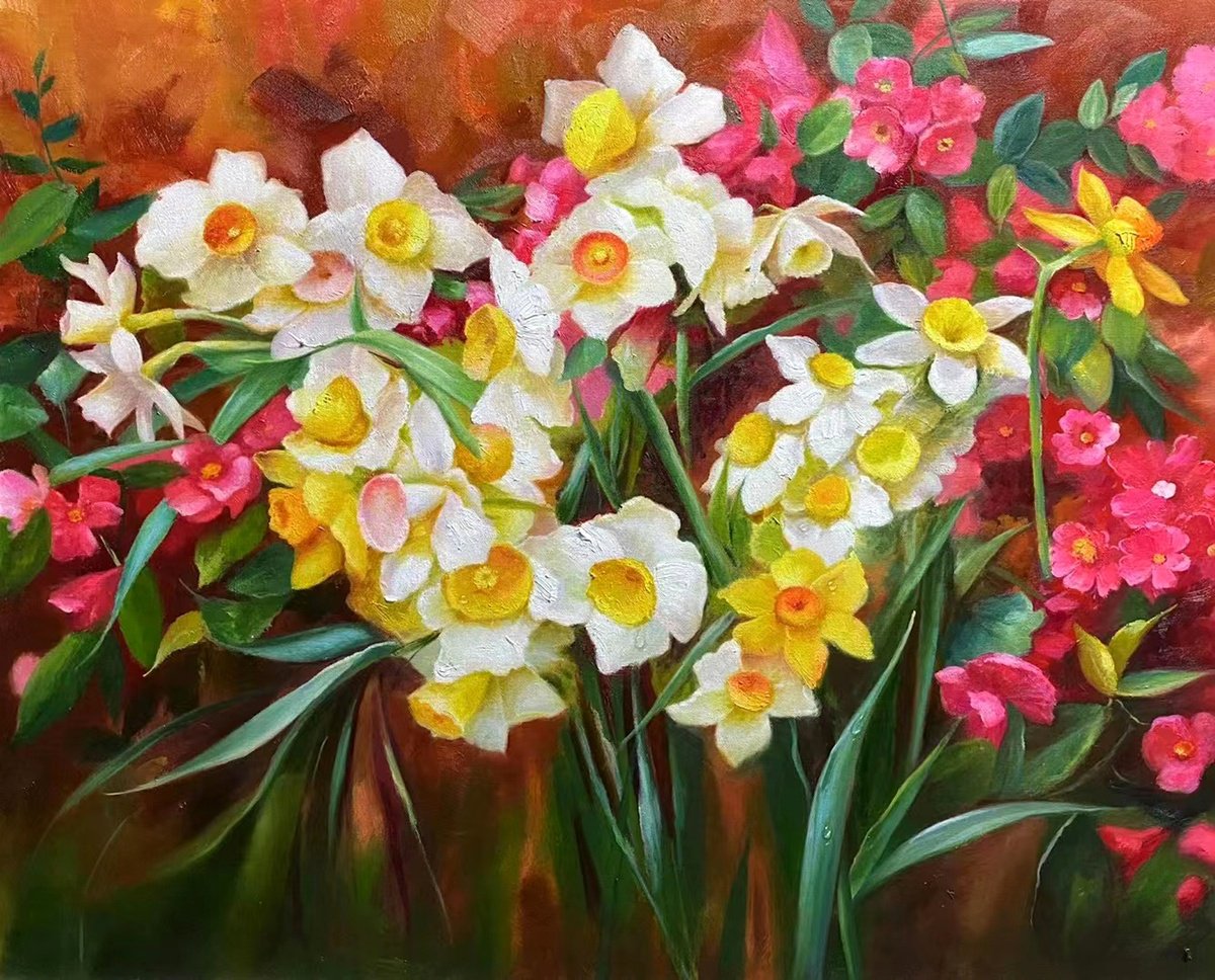 Impressionistic Botanical Oil Painting By Kunlong Wang, 39 X 31", Oil Painting:beautiful Flowers C182, Original Artwork