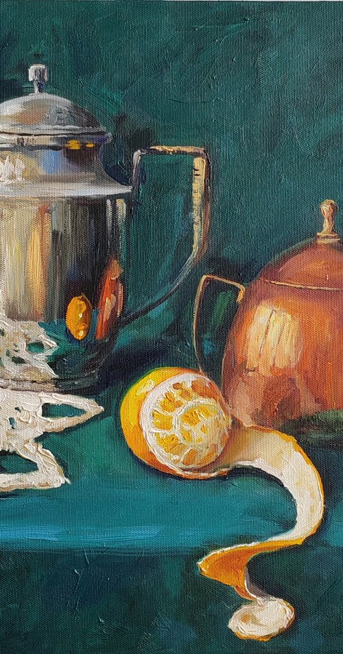 Antique teapot with sugar bowl still life original oil painting 16x20'' by Leyla Demir