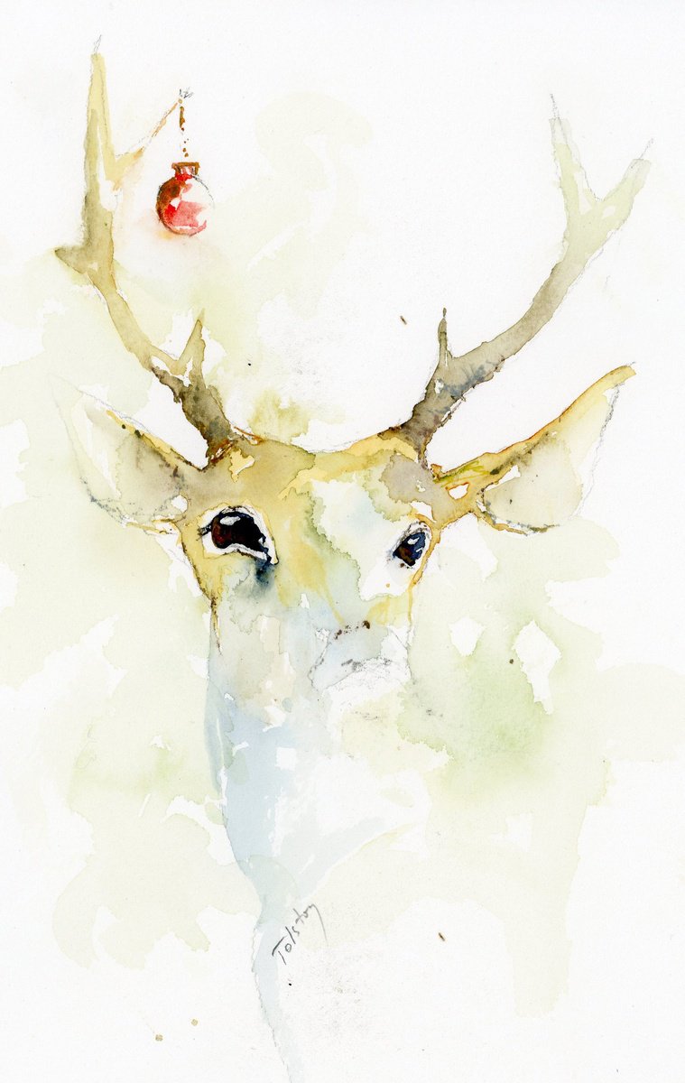 Impressionistic Animal Watercolour By Alex Tolstoy, 9 X 14, Xmas Deer, Original Artwork