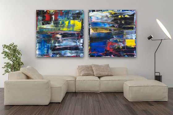 "Cut From The Same Cloth" - Save As A Series - Original Large PMS Abstract Acrylic Painting Diptych on Artist-Stretched Canvas - 72" x 36"