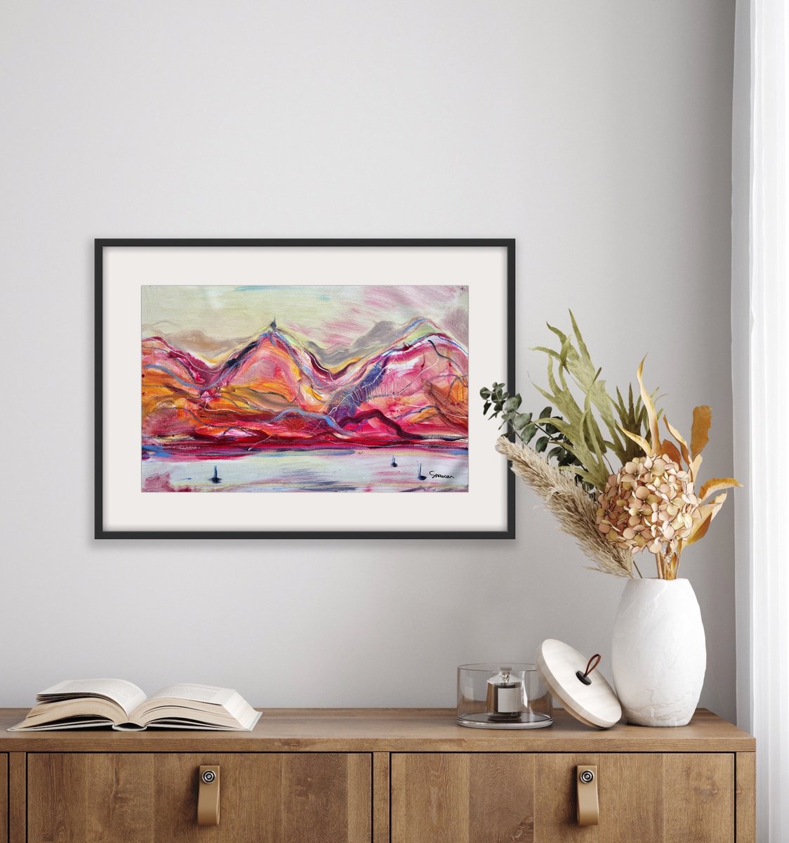 Expressive Landscape Oil Painting By Mari Skakun, 25 X 16", Burning Mountains, Original Artwork
