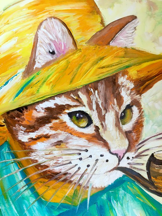 Creative Cat La Vincent Van Gogh with a pipe  oil painting for cat lovers