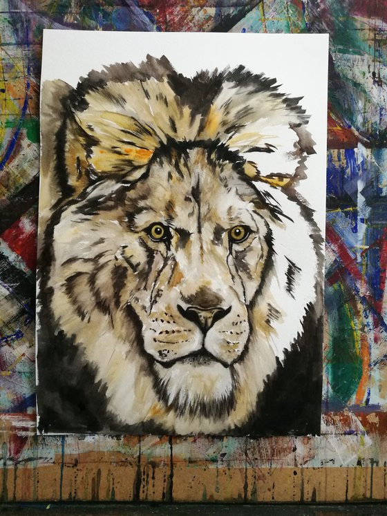 The Wild One. Watercolour Lion Painting on Paper. 29.7cm x 42cm. Free Worldwide Shipping