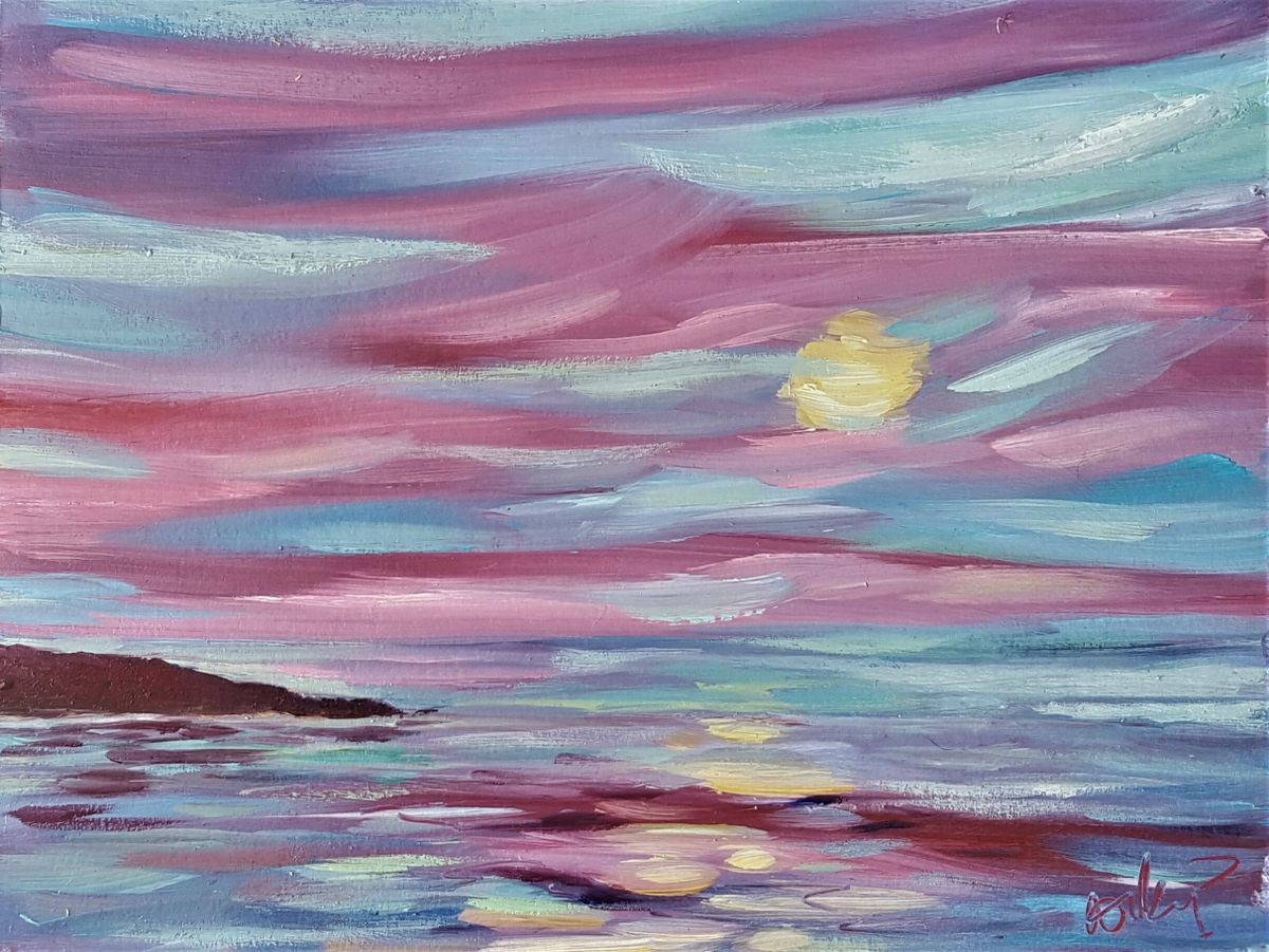 Sunset Skies lit by a full moon on a warm Summers Night - semi abstract seascape by Niki Purcell - Irish Landscape Painting