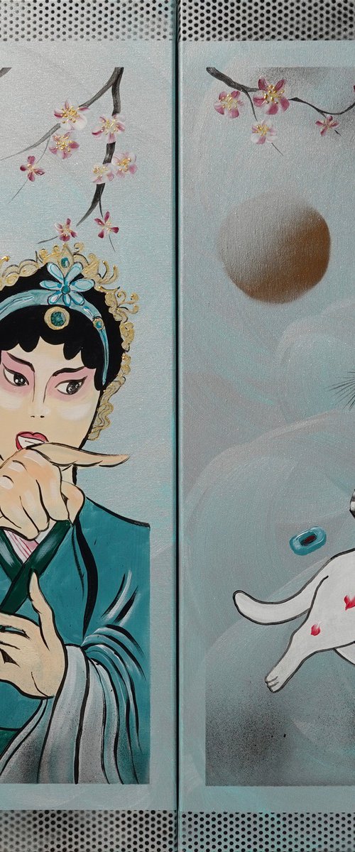 Geisha yelling at Cat-artist J260 - silver teal diptych, original art, japanese style paintings by artist Ksavera by Ksavera