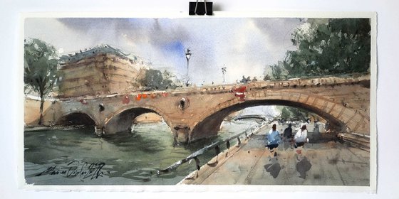 In Paris, walking along the Seine, watercolor on paper, 2022.