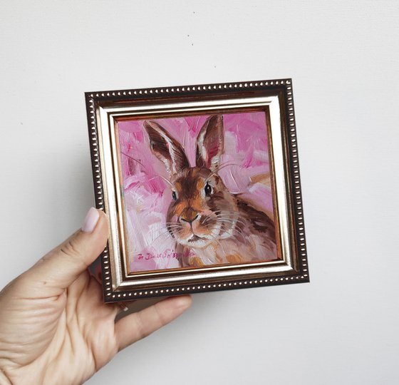 Cute rabbit painting original framed 4x4, Small framed art brown rabbit artwork pink background