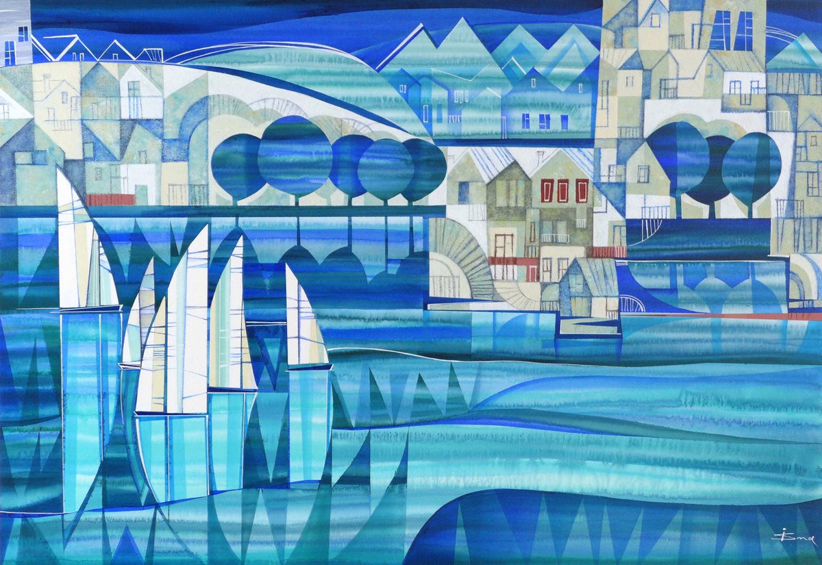 Organic Landscape Acrylic Painting By Julia Ismambetova, 29 X 20", Aqua Green Brilliant Blue Bay, Original Artwork