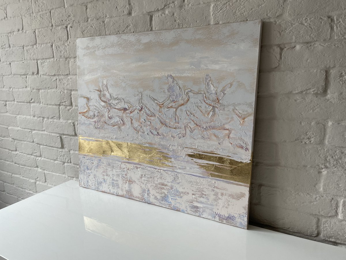 Impressionistic Animal Painting By Mary Voloshyna, 28 X 24", "Where The Birds Live". Original Oil Painting, Potal. Birds In Flight. Storkes, Artfinder