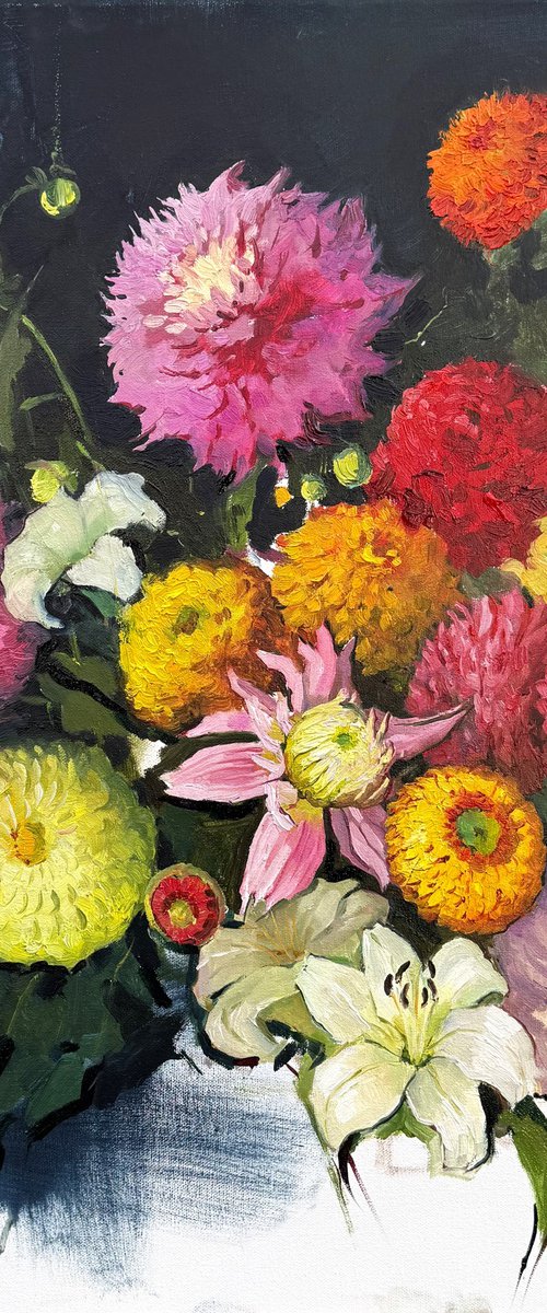 Modern Still Life with Dahlias by Evgeniia Mekhova