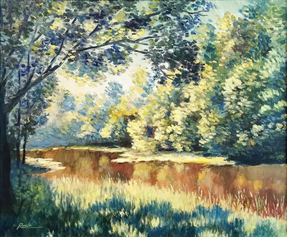 Impressionistic Landscape Oil Painting By Oleh Rak, 24 X 20", Midday By The River, Original Artwork