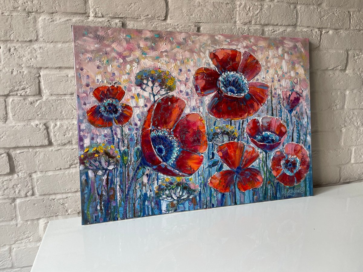 Impressionistic Botanical Oil Painting By Mary Voloshyna, 28 X 20", Poppies In The Field. Original Oil Painting, Artfinder