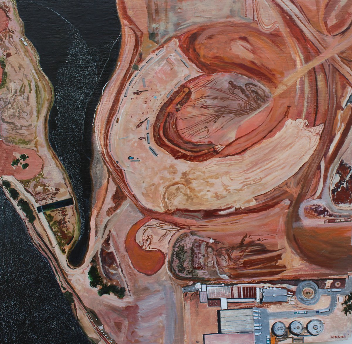 Photorealistic Landscape Oil Painting By Ken Vrana, 24 X 24", Overview Series, North African Quarry, Original Artwork