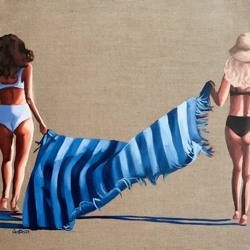 Women with Blue Towel - Female Figure on Beach by Daria Gerasimova
