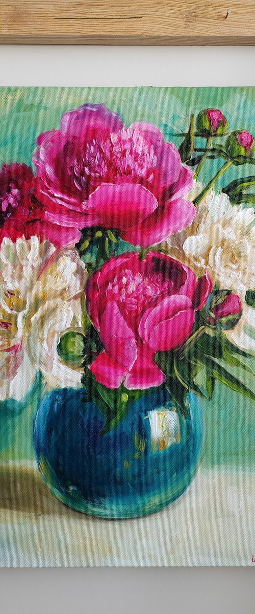 Pink and white peonies bouquet oil painting original still life 16x20" by Leyla Demir