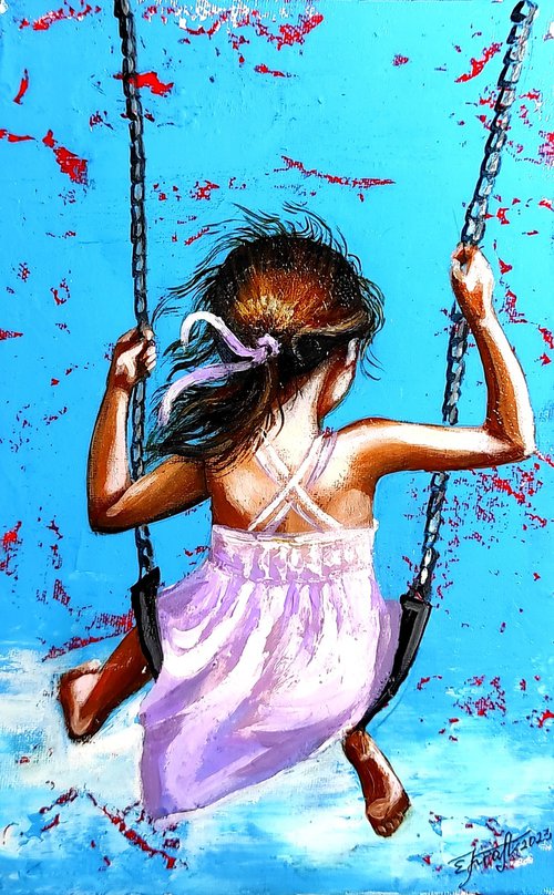 "Summer Swing I" 30x20x2cm Original oil painting on board,ready to hang by Elena Kraft