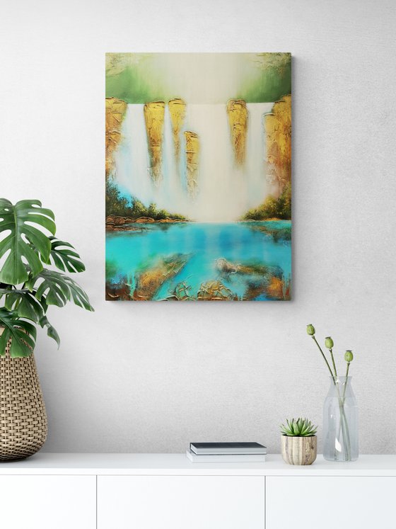 A large abstract beautiful structured mixed media painting of a waterfall "Secret place"