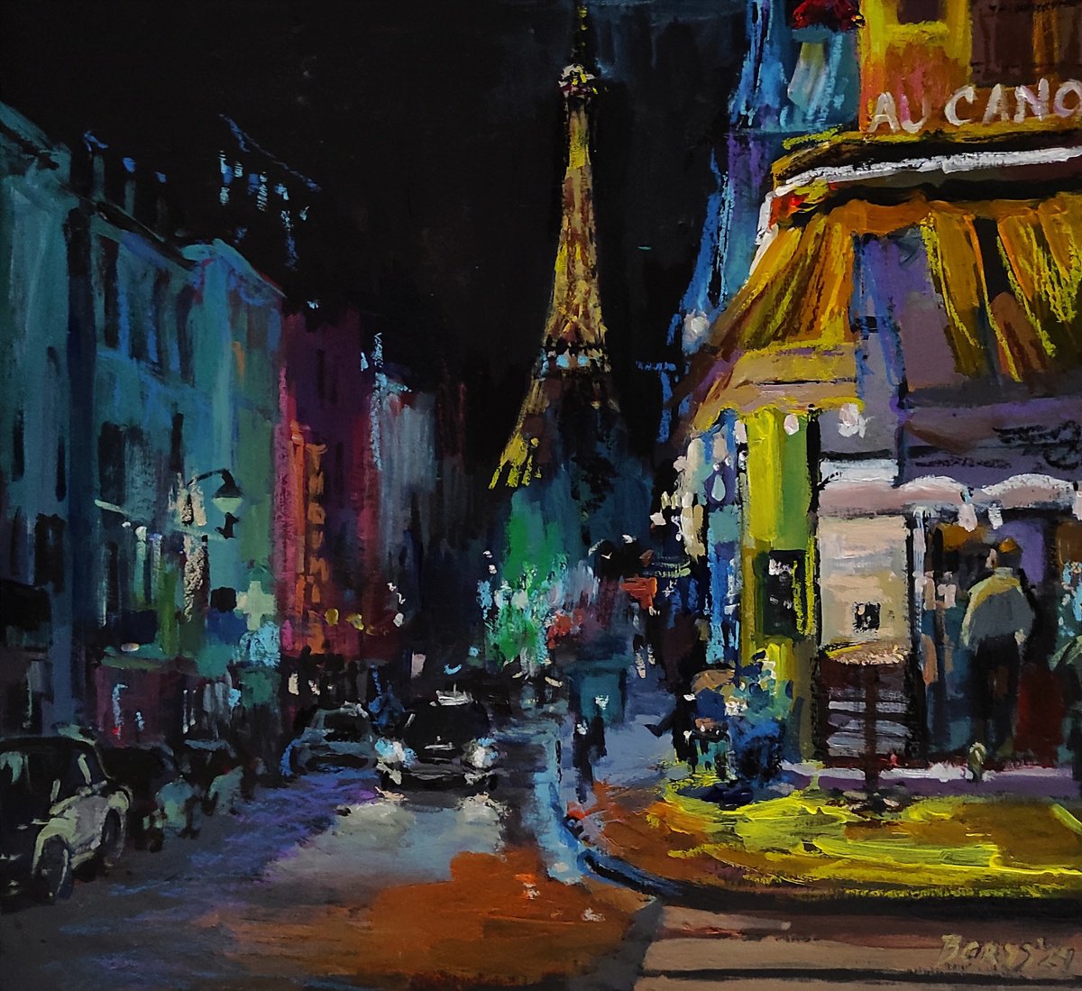 Photorealistic Cityscapes Acrylic Painting By Tetiana Borys, 12 X 12", Night Paris In Bright Colors, Original Artwork