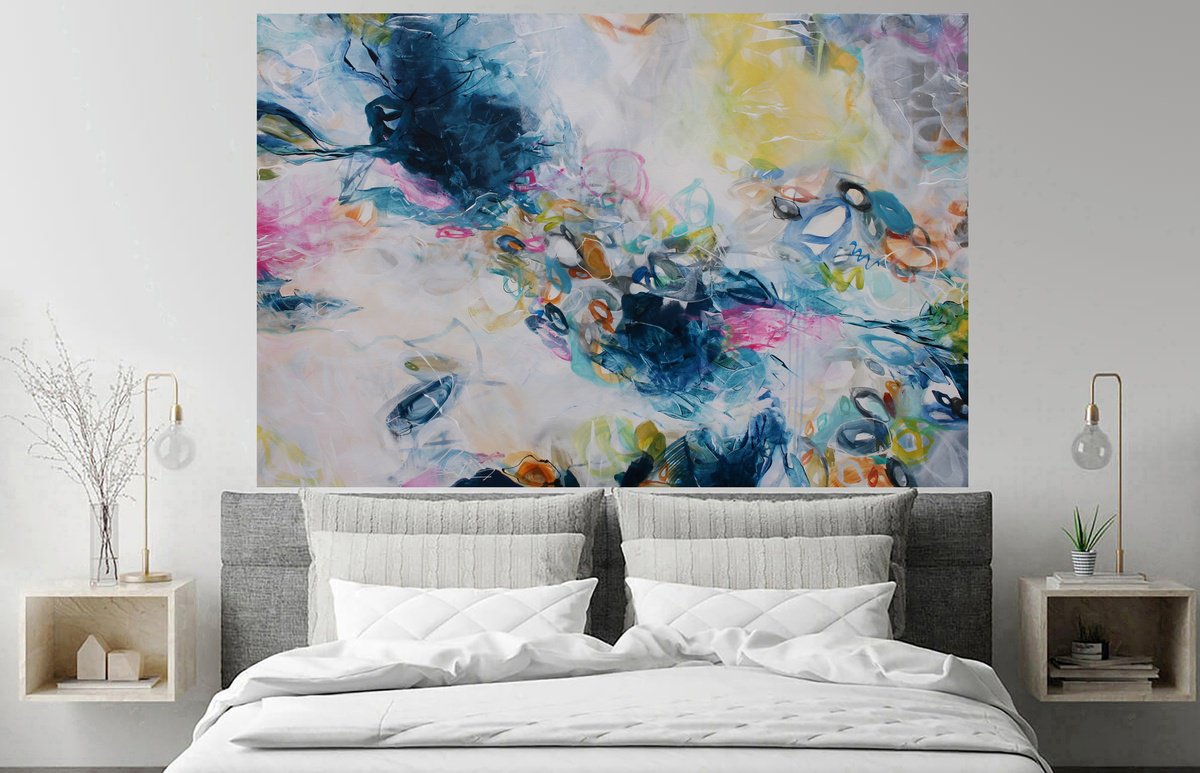 Organic Abstract Acrylic Painting By Susan Wooler, 47 X 31", Serenity At Lily Lake, Original Artwork